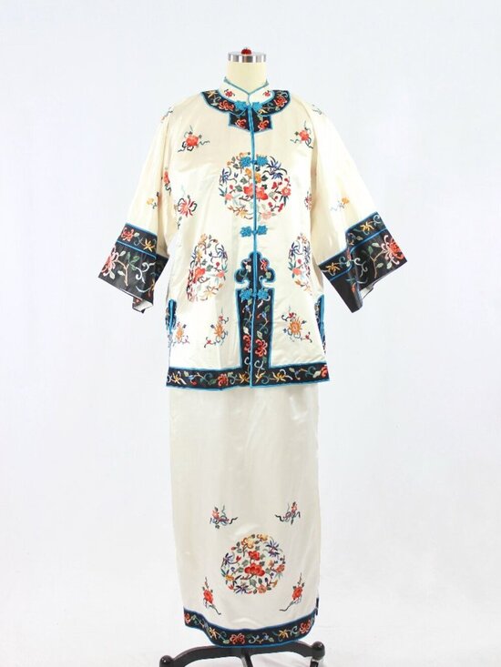Esme Other - Vintage 60's ESME White Embroidered Oriental 100% Silk Blouse Skirt Set, Size XL
